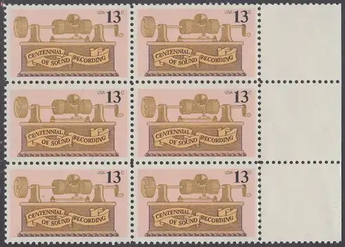 USA Michel 1293 / Scott 1705 postfrisch vert.BLOCK(6) RÄNDER rechts - 100. Jahrestag der ersten Tonaufnahme: Phonograph