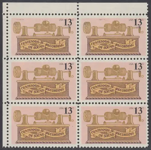 USA Michel 1293 / Scott 1705 postfrisch vert.BLOCK(6) ECKRAND oben links - 100. Jahrestag der ersten Tonaufnahme: Phonograph