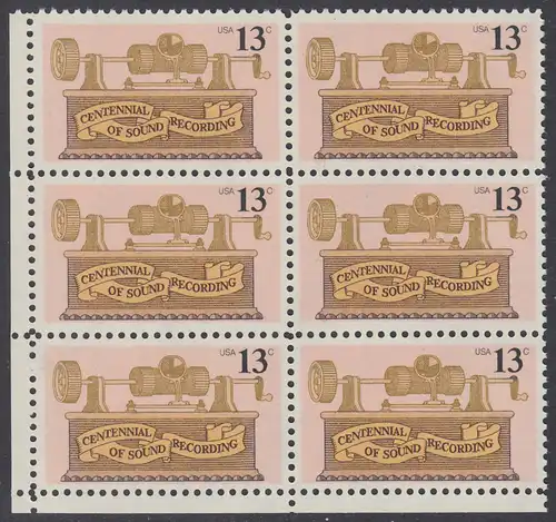 USA Michel 1293 / Scott 1705 postfrisch vert.BLOCK(6) ECKRAND unten links - 100. Jahrestag der ersten Tonaufnahme: Phonograph