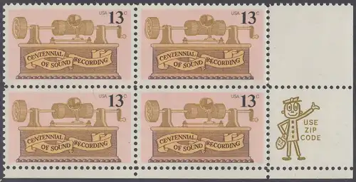 USA Michel 1293 / Scott 1705 postfrisch ZIP-BLOCK (lr) - 100. Jahrestag der ersten Tonaufnahme: Phonograph