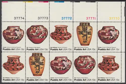 USA Michel 1294-1297 / Scott 1706-1709 postfrisch horiz.PLATEBLOCK(10) ECKRAND oben rechts m/ Platten-# 37770 - Amerikanische Volkskunst: Töpferkunst der Pueblo-Indianer