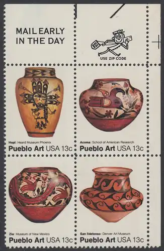 USA Michel 1294-1297 / Scott 1706-1709 postfrisch ZIP-BLOCK (ur) - Amerikanische Volkskunst: Töpferkunst der Pueblo-Indianer