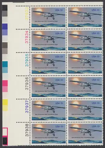 USA Michel 1298 / Scott 1710 postfrisch vert.PLATEBLOCK(12) ECKRAND oben links m/ Platten-# 37933 - 50. Jahrestag des ersten Alleinfluges über den Atlantischen Ozean: Charles A. Lindberghs Flugzeug Ryan NYP „Spirit of St. Louis“