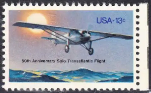 USA Michel 1298 / Scott 1710 postfrisch EINZELMARKE RAND rechts (a1) - 50. Jahrestag des ersten Alleinfluges über den Atlantischen Ozean: Charles A. Lindberghs Flugzeug Ryan NYP „Spirit of St. Louis“