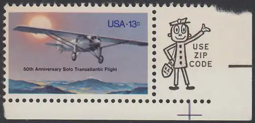 USA Michel 1298 / Scott 1710 postfrisch EINZELMARKE ECKRAND unten rechts m/ ZIP-Emblem - 50. Jahrestag des ersten Alleinfluges über den Atlantischen Ozean: Charles A. Lindberghs Flugzeug Ryan NYP „Spirit of St. Louis“