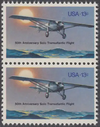 USA Michel 1298 / Scott 1710 postfrisch vert.PAAR - 50. Jahrestag des ersten Alleinfluges über den Atlantischen Ozean: Charles A. Lindberghs Flugzeug Ryan NYP „Spirit of St. Louis“