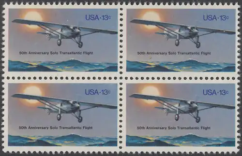 USA Michel 1298 / Scott 1710 postfrisch BLOCK - 50. Jahrestag des ersten Alleinfluges über den Atlantischen Ozean: Charles A. Lindberghs Flugzeug Ryan NYP „Spirit of St. Louis“