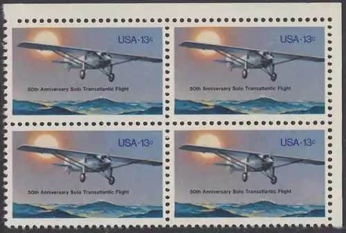 USA Michel 1298 / Scott 1710 postfrisch BLOCK ECKRAND oben rechts - 50. Jahrestag des ersten Alleinfluges über den Atlantischen Ozean: Charles A. Lindberghs Flugzeug Ryan NYP „Spirit of St. Louis“