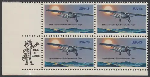 USA Michel 1298 / Scott 1710 postfrisch ZIP-BLOCK (ll) - 50. Jahrestag des ersten Alleinfluges über den Atlantischen Ozean: Charles A. Lindberghs Flugzeug Ryan NYP „Spirit of St. Louis“