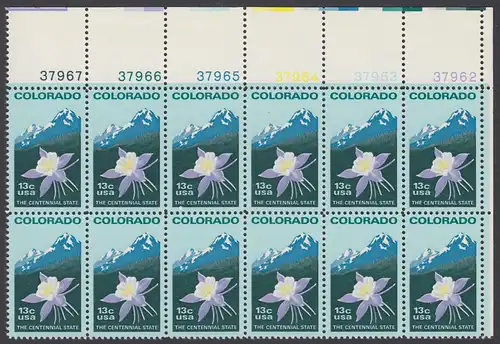 USA Michel 1299 / Scott 1711 postfrisch horiz.PLATEBLOCK(12) ECKRAND oben rechts m/ Platten-# 37962 - 100 Jahre Staat Colorado: Staatswappenblume Blaue Akelei, Rocky Mountains 