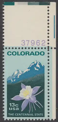 USA Michel 1299 / Scott 1711 postfrisch EINZELMARKE ECKRAND oben rechts m/ Platten-# 37962 - 100 Jahre Staat Colorado: Staatswappenblume Blaue Akelei, Rocky Mountains 