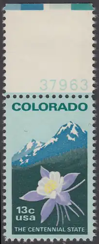USA Michel 1299 / Scott 1711 postfrisch EINZELMARKE RAND oben m/ Platten-# 37963 - 100 Jahre Staat Colorado: Staatswappenblume Blaue Akelei, Rocky Mountains 