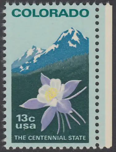 USA Michel 1299 / Scott 1711 postfrisch EINZELMARKE RAND rechts - 100 Jahre Staat Colorado: Staatswappenblume Blaue Akelei, Rocky Mountains 