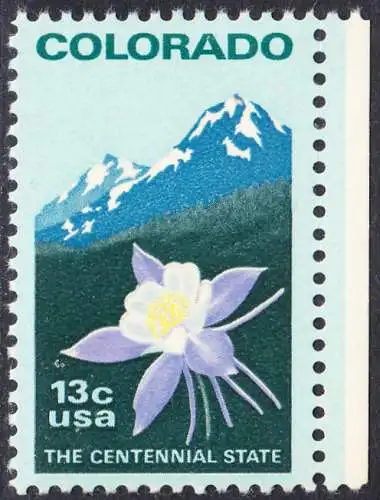 USA Michel 1299 / Scott 1711 postfrisch EINZELMARKE RAND rechts (a1) - 100 Jahre Staat Colorado: Staatswappenblume Blaue Akelei, Rocky Mountains 