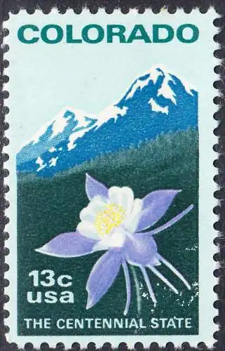 USA Michel 1299 / Scott 1711 postfrisch EINZELMARKE (a1) - 100 Jahre Staat Colorado: Staatswappenblume Blaue Akelei, Rocky Mountains 