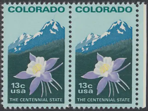 USA Michel 1299 / Scott 1711 postfrisch horiz.PAAR RAND rechts - 100 Jahre Staat Colorado: Staatswappenblume Blaue Akelei, Rocky Mountains 