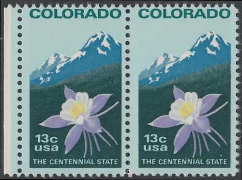 USA Michel 1299 / Scott 1711 postfrisch horiz.PAAR RAND links - 100 Jahre Staat Colorado: Staatswappenblume Blaue Akelei, Rocky Mountains 