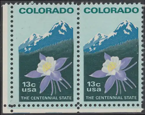 USA Michel 1299 / Scott 1711 postfrisch horiz.PAAR ECKRAND unten links - 100 Jahre Staat Colorado: Staatswappenblume Blaue Akelei, Rocky Mountains 