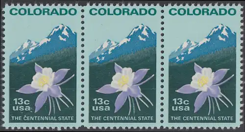 USA Michel 1299 / Scott 1711 postfrisch horiz.STRIP(3) - 100 Jahre Staat Colorado: Staatswappenblume Blaue Akelei, Rocky Mountains 