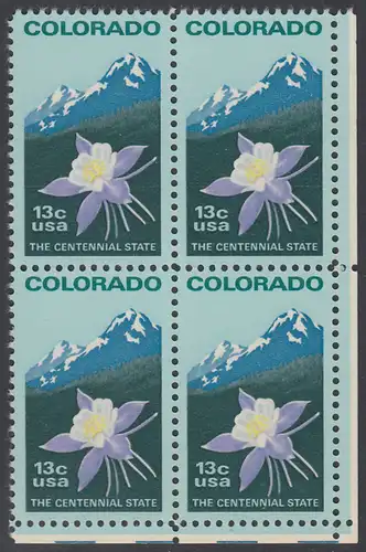 USA Michel 1299 / Scott 1711 postfrisch BLOCK ECKRAND unten rechts - 100 Jahre Staat Colorado: Staatswappenblume Blaue Akelei, Rocky Mountains 