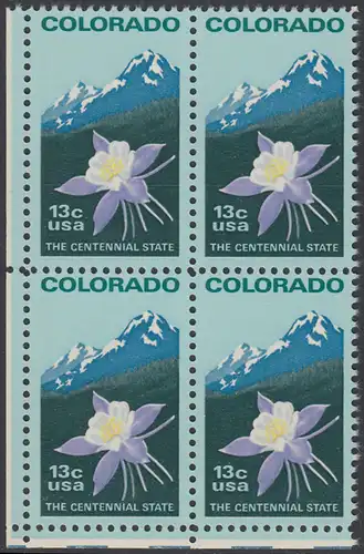 USA Michel 1299 / Scott 1711 postfrisch BLOCK ECKRAND unten links - 100 Jahre Staat Colorado: Staatswappenblume Blaue Akelei, Rocky Mountains 