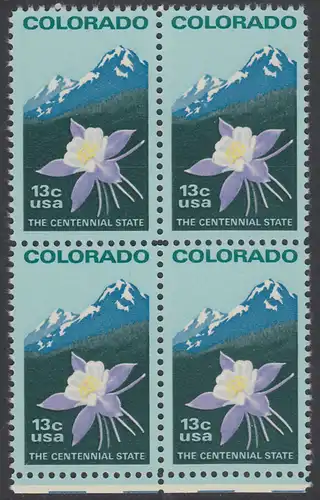 USA Michel 1299 / Scott 1711 postfrisch BLOCK RÄNDER unten - 100 Jahre Staat Colorado: Staatswappenblume Blaue Akelei, Rocky Mountains 