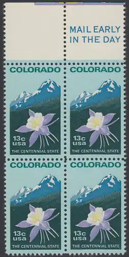 USA Michel 1299 / Scott 1711 postfrisch BLOCK RÄNDER oben m/ Mail Early-Vermerk - 100 Jahre Staat Colorado: Staatswappenblume Blaue Akelei, Rocky Mountains 
