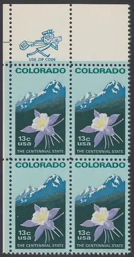 USA Michel 1299 / Scott 1711 postfrisch ZIP-BLOCK (ul) - 100 Jahre Staat Colorado: Staatswappenblume Blaue Akelei, Rocky Mountains 