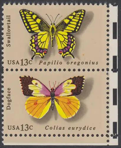 USA Michel 1300+1302 / Scott 1712+1714 postfrisch vert.PAAR ECKRAND unten rechts - Schmetterlinge