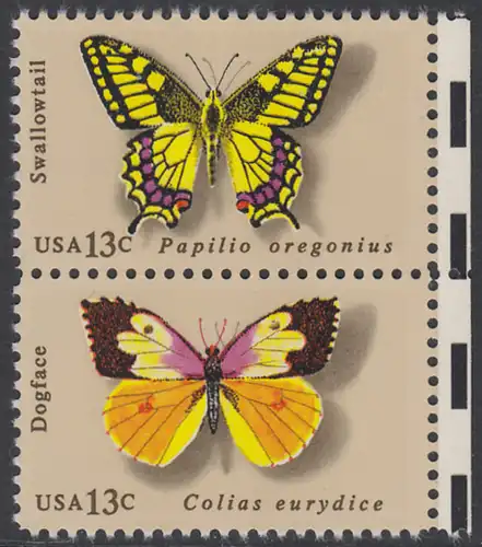 USA Michel 1300+1302 / Scott 1712+1714 postfrisch vert.PAAR RÄNDER rechts - Schmetterlinge