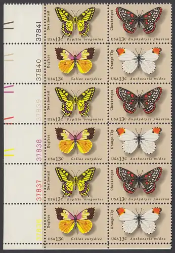 USA Michel 1300-1303 / Scott 1712-1715 postfrisch vert.PLATEBLOCK(12) ECKRAND unten links - Schmetterlinge
