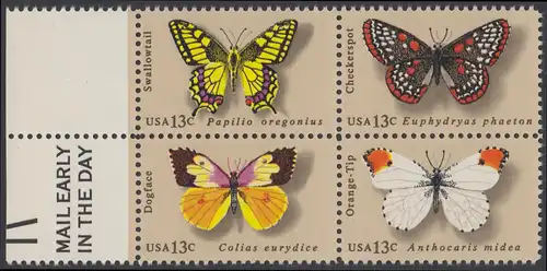 USA Michel 1300-1303 / Scott 1712-1715 postfrisch BLOCK RÄNDER links m/ Mail Early-Vermerk - Schmetterlinge