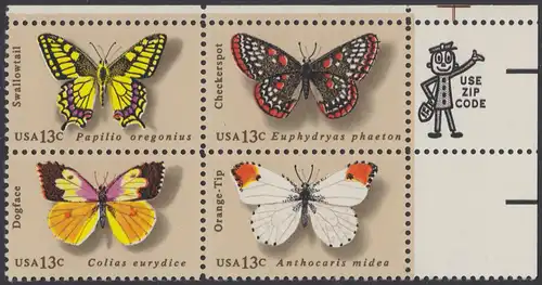 USA Michel 1300-1303 / Scott 1712-1715 postfrisch ZIP-BLOCK (ur) - Schmetterlinge