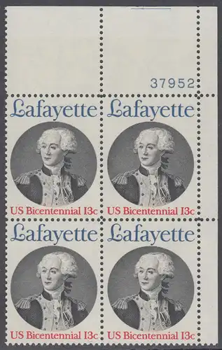 USA Michel 1304 / Scott 1716 postfrisch PLATEBLOCK  ECKRAND oben rechts m/ Platten-# 37952 - Unabhängigkeit der Vereinigten Staaten von Amerika; Marquis de Lafayette, General der Unabhängigkeitskämpfer von 1777-1781