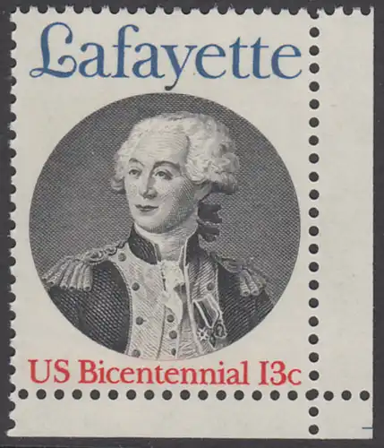 USA Michel 1304 / Scott 1716 postfrisch EINZELMARKE ECKRAND unten rechts - Unabhängigkeit der Vereinigten Staaten von Amerika; Marquis de Lafayette, General der Unabhängigkeitskämpfer von 1777-1781