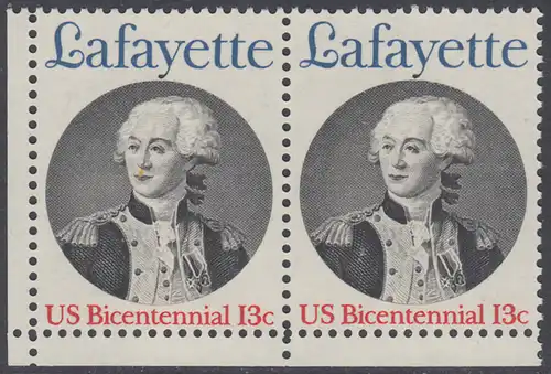 USA Michel 1304 / Scott 1716 postfrisch horiz.PAAR ECKRAND unten links - Unabhängigkeit der Vereinigten Staaten von Amerika; Marquis de Lafayette, General der Unabhängigkeitskämpfer von 1777-1781