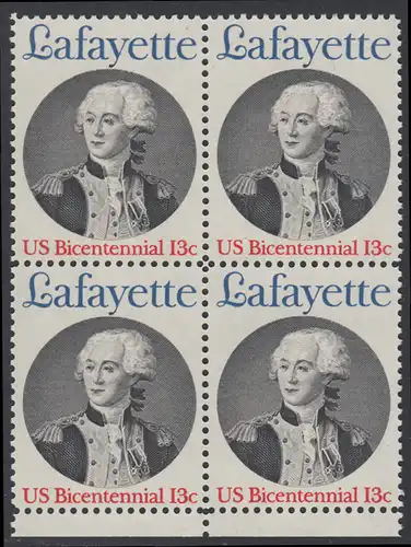 USA Michel 1304 / Scott 1716 postfrisch BLOCK RÄNDER unten - Unabhängigkeit der Vereinigten Staaten von Amerika; Marquis de Lafayette, General der Unabhängigkeitskämpfer von 1777-1781