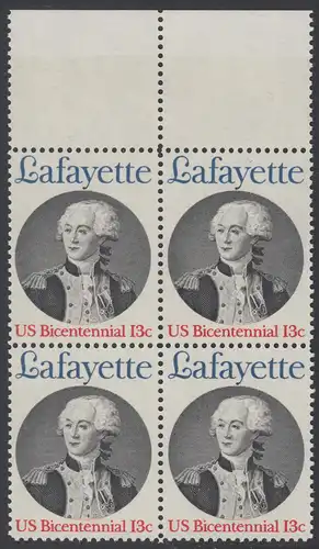 USA Michel 1304 / Scott 1716 postfrisch BLOCK RÄNDER oben - Unabhängigkeit der Vereinigten Staaten von Amerika; Marquis de Lafayette, General der Unabhängigkeitskämpfer von 1777-1781