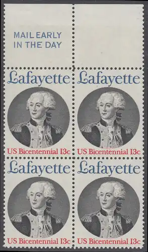 USA Michel 1304 / Scott 1716 postfrisch BLOCK RÄNDER oben m/ Mail Early-Vermerk - Unabhängigkeit der Vereinigten Staaten von Amerika; Marquis de Lafayette, General der Unabhängigkeitskämpfer von 1777-1781