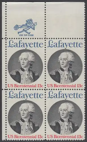 USA Michel 1304 / Scott 1716 postfrisch ZIP-BLOCK (ul) - Unabhängigkeit der Vereinigten Staaten von Amerika; Marquis de Lafayette, General der Unabhängigkeitskämpfer von 1777-1781