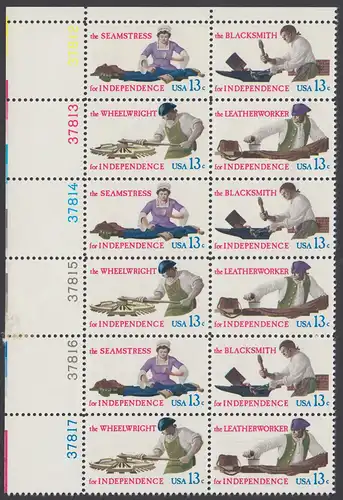 USA Michel 1305-1308 / Scott 1717-1720 postfrisch vert.PLATEBLOCK(12) ECKRAND oben links - Handwerksberufe aus der Zeit der Unabhängigkeitskriege