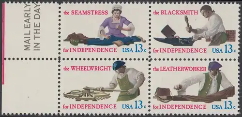 USA Michel 1305-1308 / Scott 1717-1720 postfrisch BLOCK RÄNDER links m/ Mail Early-Vermerk - Handwerksberufe aus der Zeit der Unabhängigkeitskriege