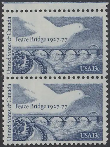 USA Michel 1309 / Scott 1721 postfrisch vert.PAAR RAND oben (a1) - Friedensbrücke von Fort Erie, Ontario (Kanada) nach Buffalo, NY (USA); Friedenstaube