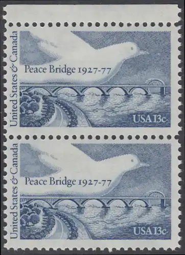 USA Michel 1309 / Scott 1721 postfrisch vert.PAAR RAND oben (a2) - Friedensbrücke von Fort Erie, Ontario (Kanada) nach Buffalo, NY (USA); Friedenstaube