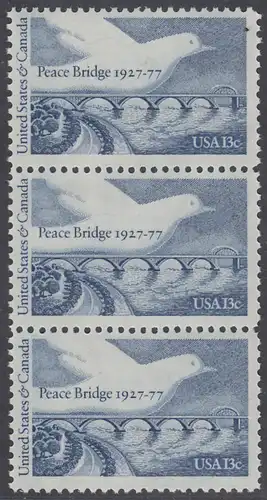 USA Michel 1309 / Scott 1721 postfrisch vert.STRIP(3) - Friedensbrücke von Fort Erie, Ontario (Kanada) nach Buffalo, NY (USA); Friedenstaube