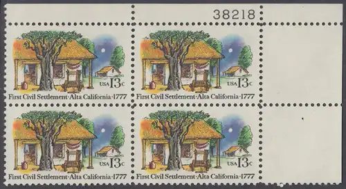 USA Michel 1311 / Scott 1725 postfrisch PLATEBLOCK ECKRAND oben rechts m/ Platten-# 38218 - 200. Jahrestag der ersten zivilen Niederlassung in Kalifornien; Farmhäuser in Alta California 