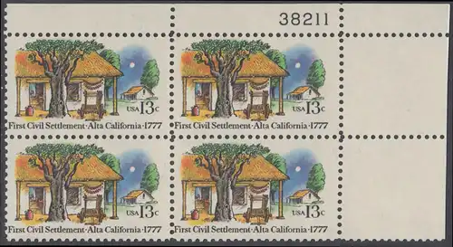 USA Michel 1311 / Scott 1725 postfrisch PLATEBLOCK ECKRAND oben rechts m/ Platten-# 38211 - 200. Jahrestag der ersten zivilen Niederlassung in Kalifornien; Farmhäuser in Alta California 