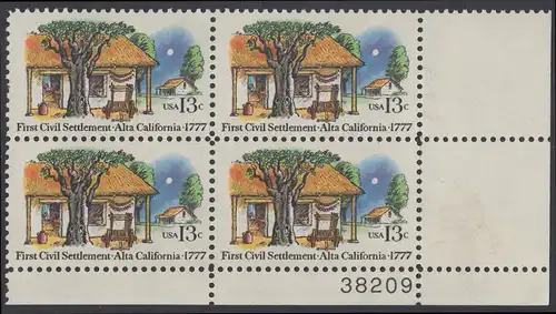 USA Michel 1311 / Scott 1725 postfrisch PLATEBLOCK ECKRAND unten rechts m/ Platten-# 38209 - 200. Jahrestag der ersten zivilen Niederlassung in Kalifornien; Farmhäuser in Alta California 