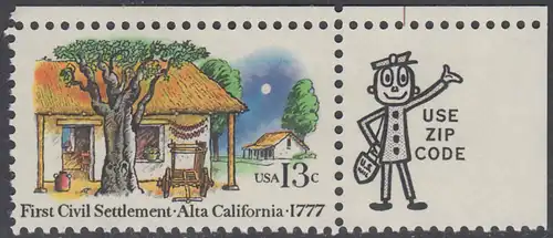 USA Michel 1311 / Scott 1725 postfrisch EINZELMARKE ECKRAND oben rechts m/ ZIP-Emblem - 200. Jahrestag der ersten zivilen Niederlassung in Kalifornien; Farmhäuser in Alta California 