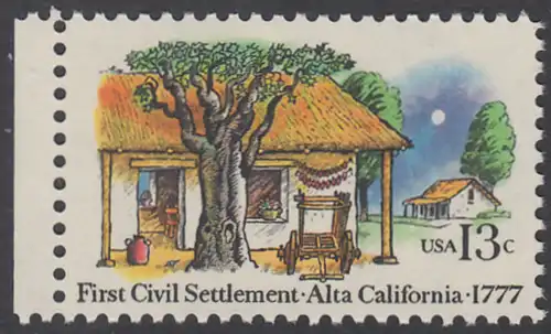 USA Michel 1311 / Scott 1725 postfrisch EINZELMARKE RAND links - 200. Jahrestag der ersten zivilen Niederlassung in Kalifornien; Farmhäuser in Alta California 